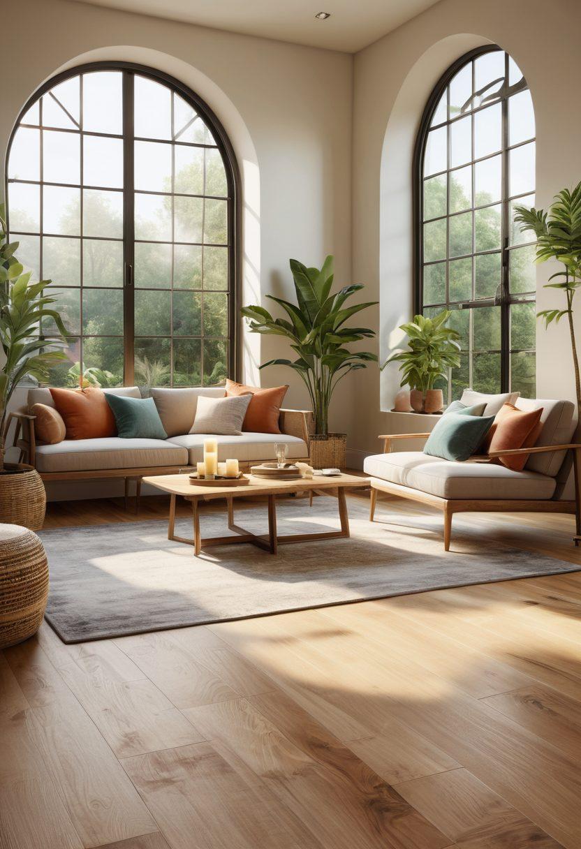 A serene interior space featuring soft, earthy tones with natural light streaming through large windows. Include comfortable seating areas with plush cushions, lush indoor plants, and calming artwork on the walls. The flooring should be a warm wooden texture, creating a sense of tranquility and comfort. Add subtle elements like candles and books to enhance the nurturing environment. super-realistic. vibrant colors. soft focus.