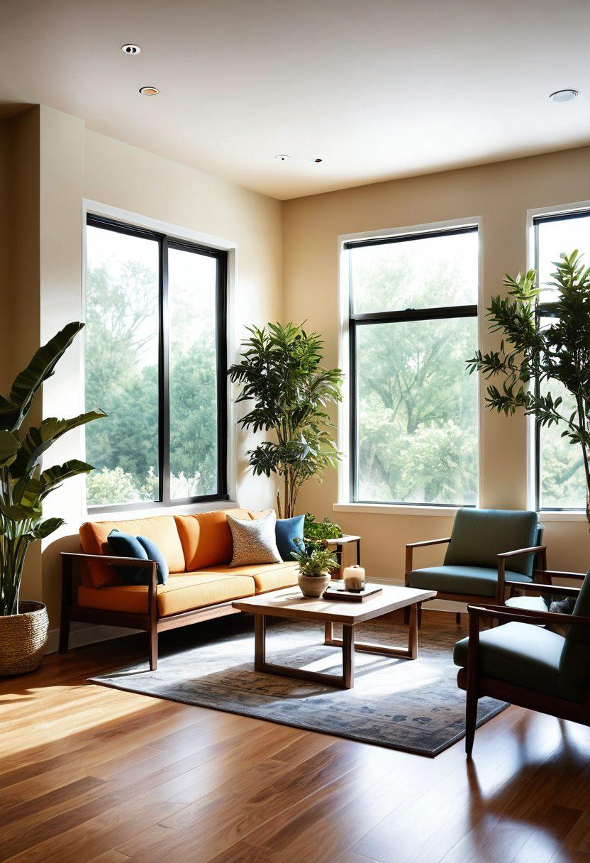 A serene and welcoming room with natural light streaming in, featuring various types of flooring such as hardwood, soft carpets, and tile, each labeled with benefits like comfort, warmth, and cleanliness. Include plants and soothing colors to evoke a sense of wellness and calm, symbolizing healing during cancer treatment. Emphasize a cozy seating area with cushions and art pieces representing hope. super-realistic. vibrant colors. natural lighting.