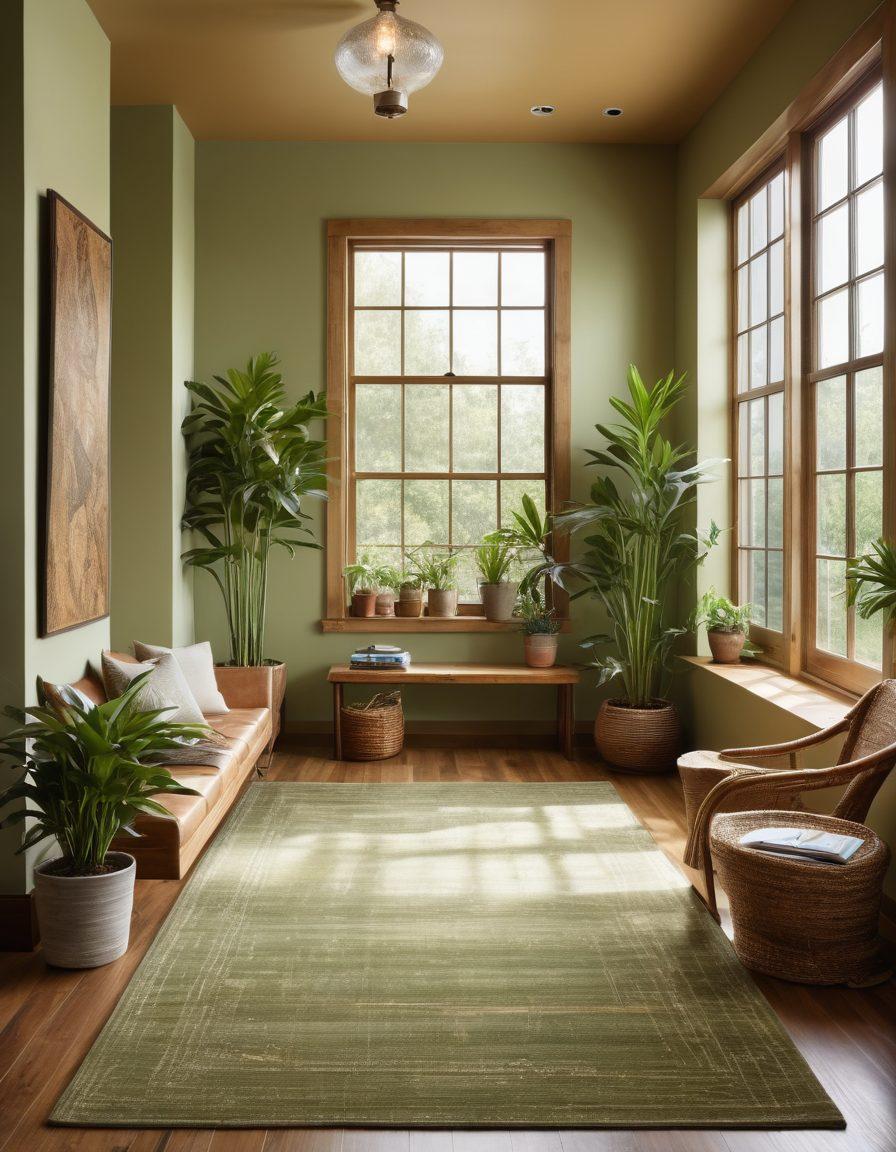 A serene room showcasing eco-friendly flooring, adorned with lush green plants and natural light streaming in through a large window. The flooring features rich textures of bamboo and reclaimed wood, while a soft area rug adds comfort. In the corner, a cozy reading nook invites relaxation, complete with a potted snake plant and a healing crystal. A tranquil color palette of earth tones emphasizes wellness and sustainability. super-realistic. vibrant colors. natural lighting.
